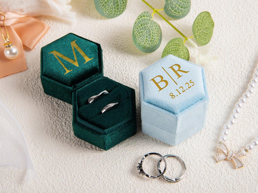 Ring Box Custom Monogram Velvet Hexagon Ring Box: Double Slot Engagement ...