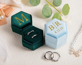 Custom Monogram Velvet Hexagon Ring Box: Double Slot Engagement & Wedding