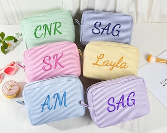 Personalized Seersucker Cosmetic Bag, Embroidered Name Makeup Pouch, Bridesmaid Gift
