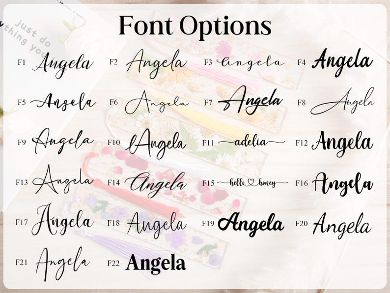 May include: Image showcasing 22 font options for the name "Angela". The fonts vary in style, from elegant cursive to bold block letters. The text "Font Options" is at the top. The image is on a light background.