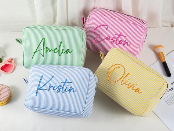Personalized Seersucker Cosmetic Bag – Vacation Travel Pouch, Bridesmaid Gift