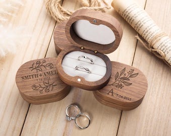 Engraved Wooden Ring Box: Personalized Wedding Ring Holder, Double Slot