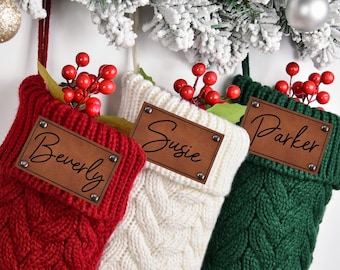 2024 Engraved Knitted Christmas Stockings, Engraved Leather Patch Stockings, Family Stockings, Holiday Stockings With Name, Christmas decor