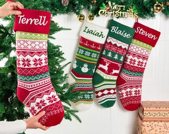 Personalized Knit Christmas Stocking, Embroidered Family Name