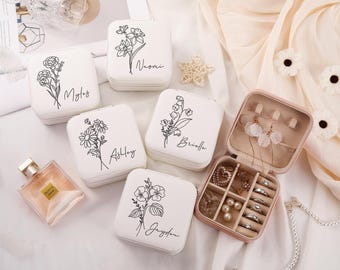 Personalized Birth Flower Leather Jewelry Case, Bridesmaid Gift