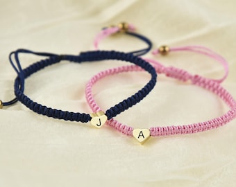 Couples Initial Bracelet Set: Macrame Yarn, Plated Heart Bead