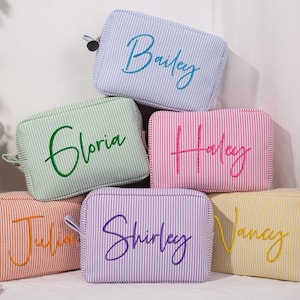 Monogrammed Toiletry Bag,Seersucker Makeup Bag,Bridesmaid Gifts, Custom Travel Makeup Bag,Large Capacity Storage Bag,Personalized Makeup Bag