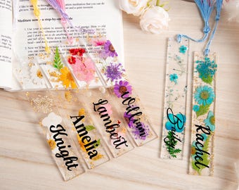 Marcapáginas personalizado de resina con forma de flor prensada, regalo personalizado para profesores