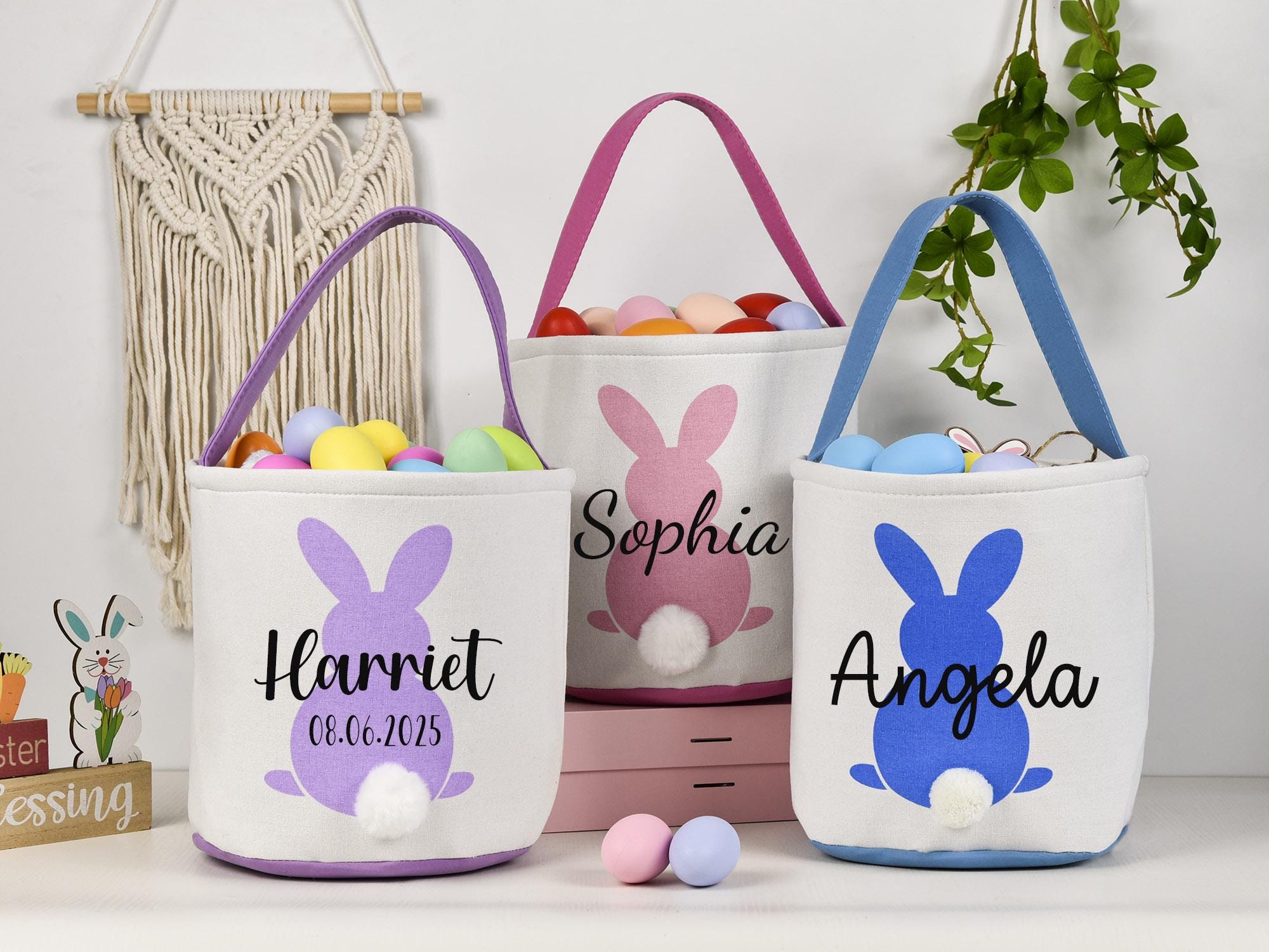 Custom Name Bunny Basket, Kids Egg Hunt Bags, Personalized Easter Basket, Boys Girls Easter Bucket, Monogram Basket for Easter, Easter Gifts