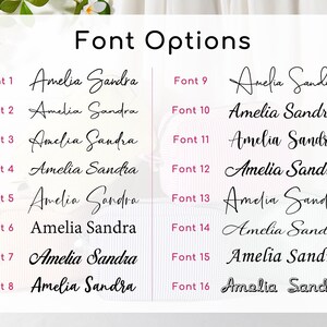 May include: A white background displays 16 font options, each showcasing the name "Amelia Sandra" in various styles. The fonts range from elegant scripts to bold, modern designs, labeled Font 1 through Font 16.
