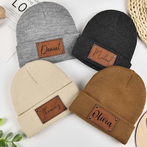 Newborn Baby Beanie with Names, Custom Leather Patch Beanies for Baby, Personalized Engraved Leather Knitted Hat, Baby Shower Gift, Baby Hat