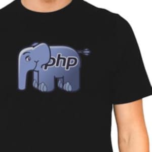 Puede incluir: Una camiseta negra con un gráfico de elefante azul y el texto "php" en la parte delantera.