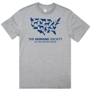 May include: A gray t-shirt with a blue outline of the United States of America filled with animal silhouettes. The text "THE HUMANE SOCIETY OF THE UNITED STATES" is printed below the outline.