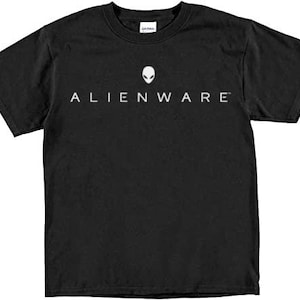May include: Black crew neck t-shirt with the white text "ALIENWARE" and a white alien head logo. The shirt is made of a soft material and has short sleeves.