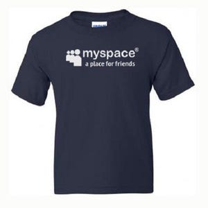 May include: A navy blue t-shirt with a white graphic of the MySpace logo, which includes the text "myspace" and "a place for friends".