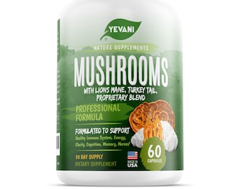 100% Pure Mushroom Supplement - Immune, Energy, Clarity, Cognition, Memory, Nerves - Lions Mane, Cordyceps, Reishi - Powerful Mushroom Blend