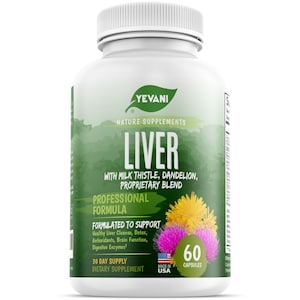 May include: A white bottle with a green label that says "YEVANI NATURE SUPPLEMENTS LIVER WITH MILK THISTLE, DANDELION, PROPRIETARY BLEND PROFESSIONAL FORMULA FORMULATED TO SUPPORT Healthy Liver Cleanse, Detox, Antioxidants, Brain Function, Digestive Enzymest 30 DAY SUPPLY DIETARY SUPPLEMENT MADE IN USA 60 CAPSULES". The bottle is surrounded by green leaves and flowers.