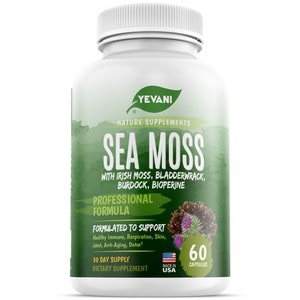 100% Pure Organic SEA Moss Wildcrafted Irish Sea Moss Bladderwrack, Burdock Root Capsules for Gut Health, Immune Support, Thyroid Supplement