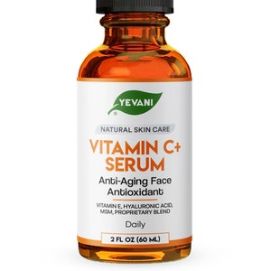 May include: A clear glass bottle of Vitamin C+ Serum with a black dropper. The label reads "Yevani Natural Skin Care" and lists ingredients. The bottle contains 60 ml of serum, designed as an anti-aging face antioxidant.