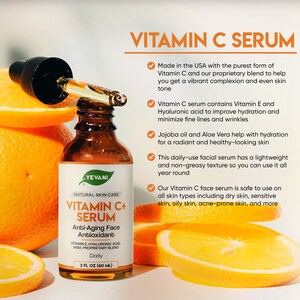 May include: A brown glass bottle of Vitamin C+ Serum with a dropper, set against a backdrop of orange slices. The label reads "Yevani Natural Skin Care" and highlights anti-aging and antioxidant properties. The bottle contains 60 ml.