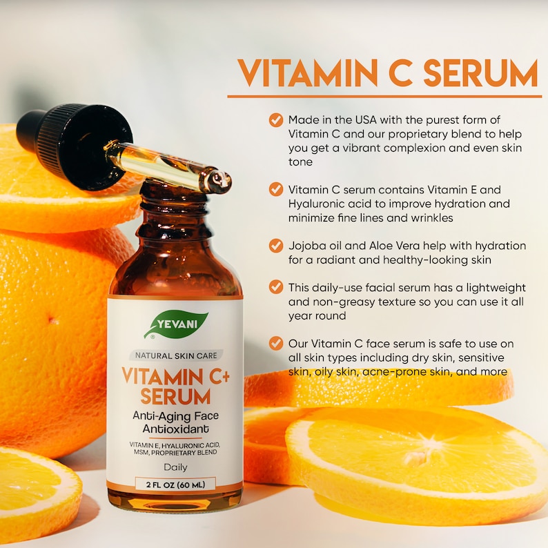 May include: A brown glass bottle of Vitamin C+ Serum with a dropper, set against a backdrop of orange slices. The label reads "Yevani Natural Skin Care" and highlights anti-aging and antioxidant properties. The bottle contains 60 ml.