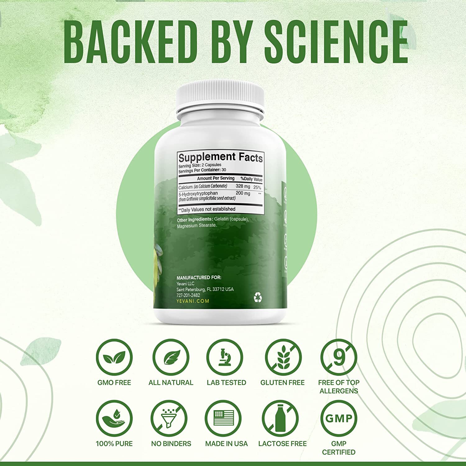 100 Pure 5HTP Formula With Calcium for Mood, Stress, Sleep Supplement for Adults