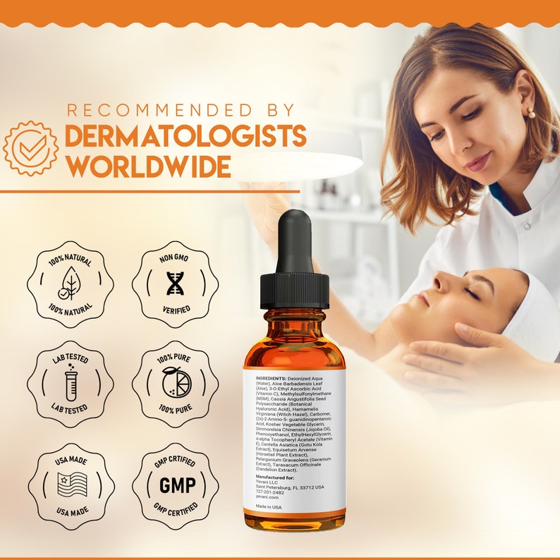 May include: An amber serum bottle with a black dropper is shown. The label lists ingredients and states "Recommended by Dermatologists Worldwide." The image includes icons indicating natural, lab-tested, and USA-made qualities. A woman's face is being treated in the background.