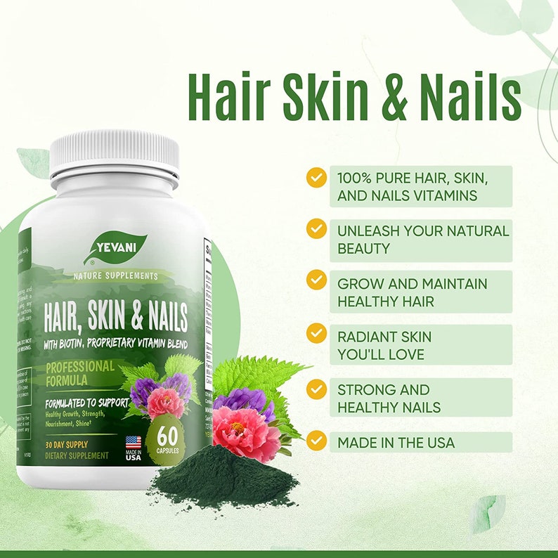 100% Pure Hair, Skin, Nails Vitamins with Biotin Super Blend Formula, Support Radiant Beauty, Hair, Skin, Nail Health for Women, Men bild 2