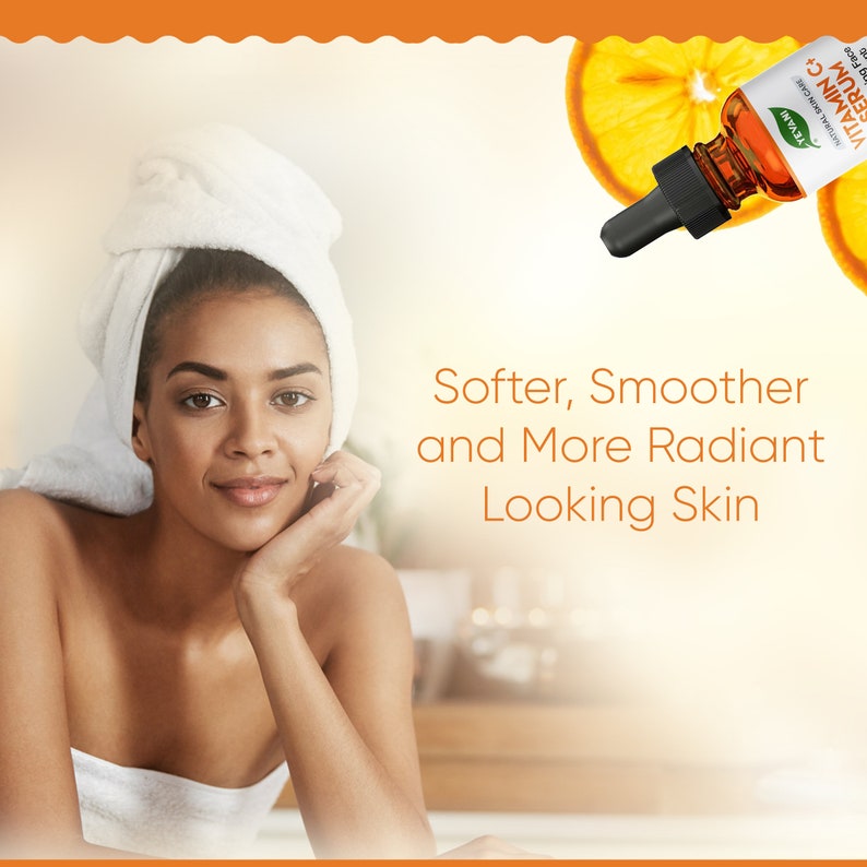 May include: A woman wearing a white towel smiles, with the text "Softer, Smoother and More Radiant Looking Skin." An orange Vitamin C serum bottle with a dropper is visible, along with orange slices.