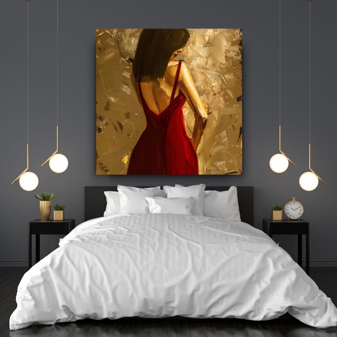 Seductive Elegant Woman in Red Dress Canvas Wall Art, Gold Modern ...
