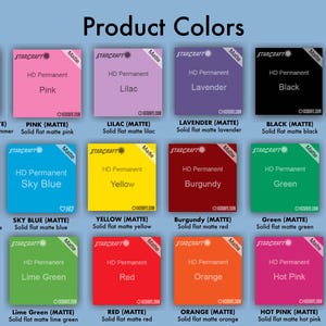 May include: A color chart displaying various matte vinyl colors. The chart includes squares of colors such as pink, lilac, black, and green, with text labels like "Metallic White" and "Hot Pink".