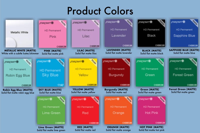 May include: A color chart displaying various matte vinyl colors. The chart includes squares of colors such as pink, lilac, black, and green, with text labels like "Metallic White" and "Hot Pink".
