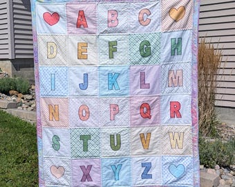 Homemade Alphabet Quilt | Pastel Color Palette Letters | Heirloom Keepsake Quality Blanket