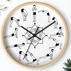 Sun Salutation Surya Namaskar Asana Yoga Wall Clock 12 Hour Flow Yoga Room Decor Gift for Yogis Gift for Yoga Lovers Wellness Enthusiasts