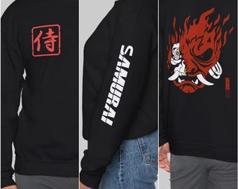 Sudadera con capucha Samurai CyberPunk 2077, temática de banda de rock, regalo para gamer, metrópolis, ciudad nocturna, ropa de calle, máscara japonesa roja, kanji samurái