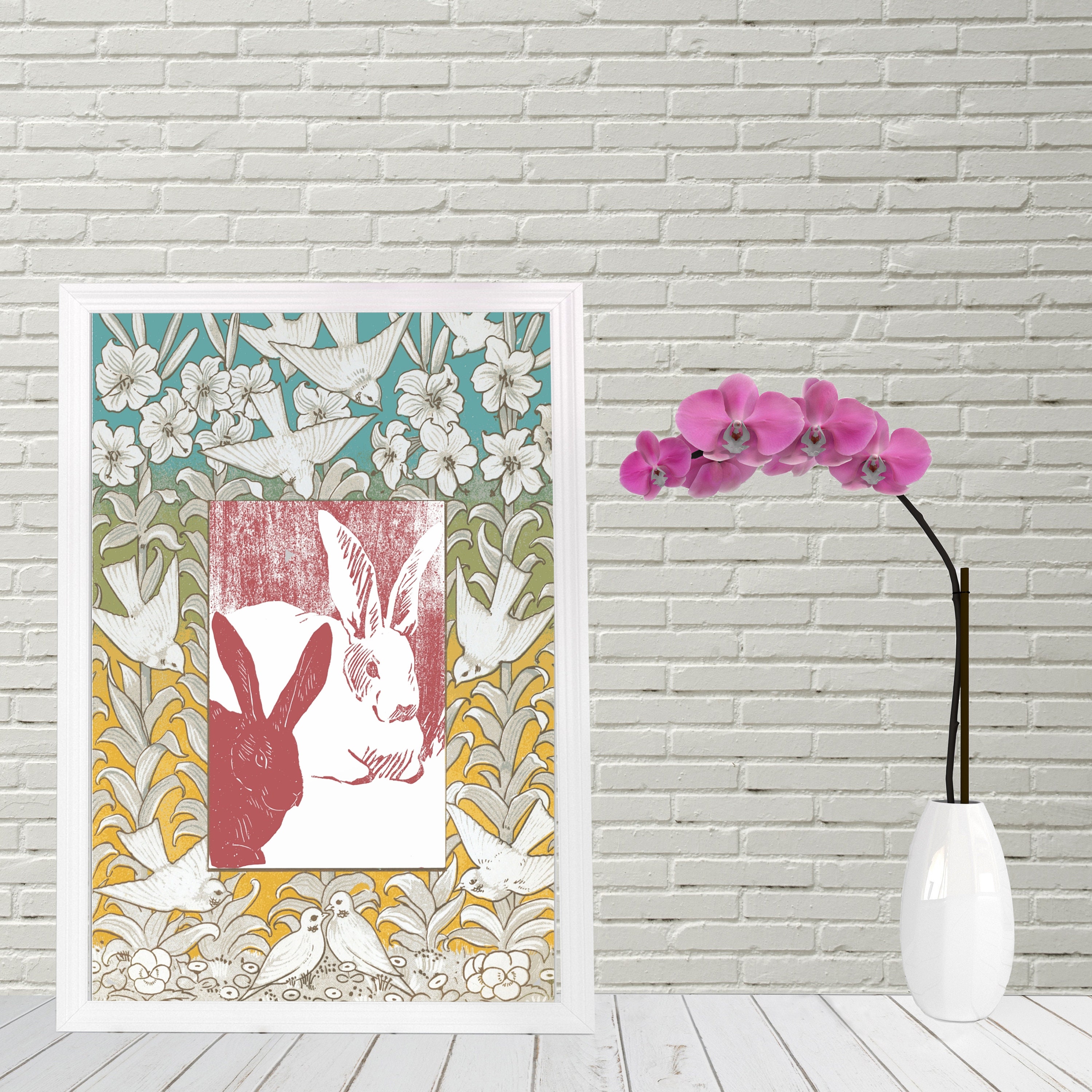Flower Rabbit Border Rabbits With White Dove & Flower Border Sassypunk Art Remix Print ...