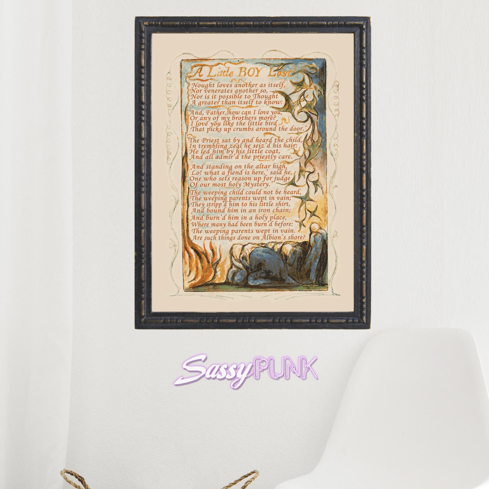 William Blake A Little Boy Lost Songs of Innocence and Experience / Remastered Edited Enhanced Updated Illustrated Page and Poem / Wall Poem
