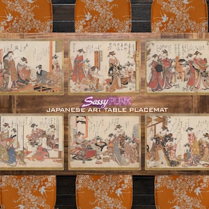 Japanese Art Tabletop Placemats // Japan Edo Period Restored Retouched Woodblock Print Geisha Kimono Tea House Asian Art Gift Housewarming