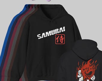 Sudadera con capucha Samurai CyberPunk 2077, temática de banda de rock, regalo para gamer, metrópolis, ciudad nocturna, ropa de calle, máscara japonesa roja, kanji samurái