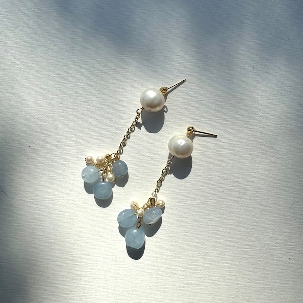 24k Gold Plated Earrings, natural pearl  Drop Earring, Gold Post, Chain dangle earring, Dainty jewelry, Bridal Jewelry, Gifts
