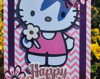 Tarjeta de felicitación de cumpleaños y graduación de gatita, color rosa y morado, estilo Hello Kawaii, hecha a mano, interior en blanco con sobre.
