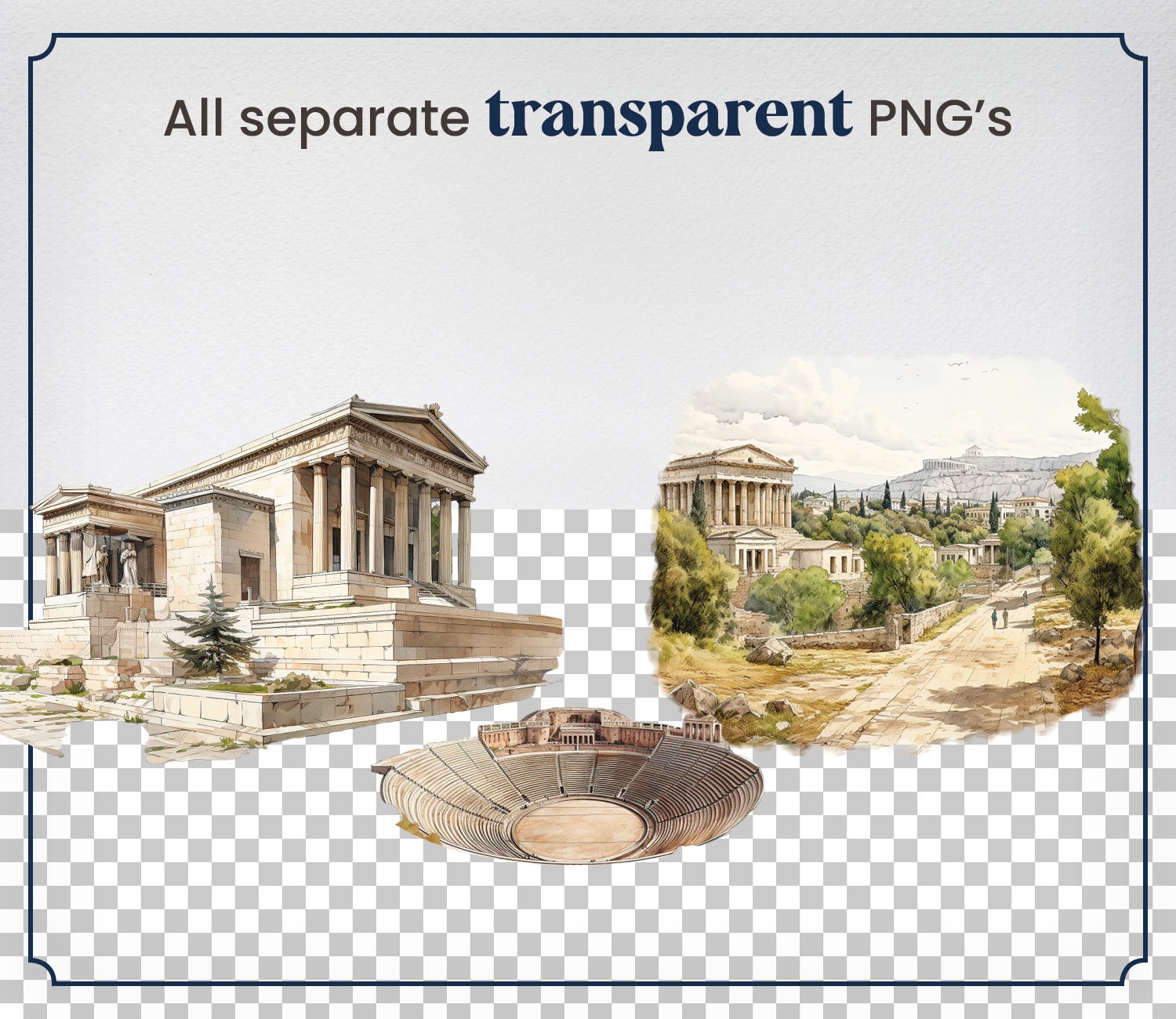 Watercolor Athens, 27 Athenian Hellenic Greece Landmarks, Travel ...
