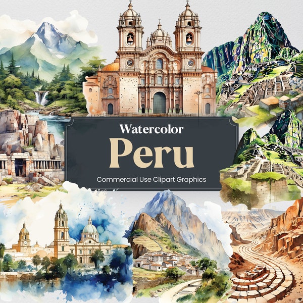 Watercolor Peru, 29 Peruvian Landmarks, Travel Vacation Holiday Digital Print, Clipart PNG format Transparent Background Commercial Use