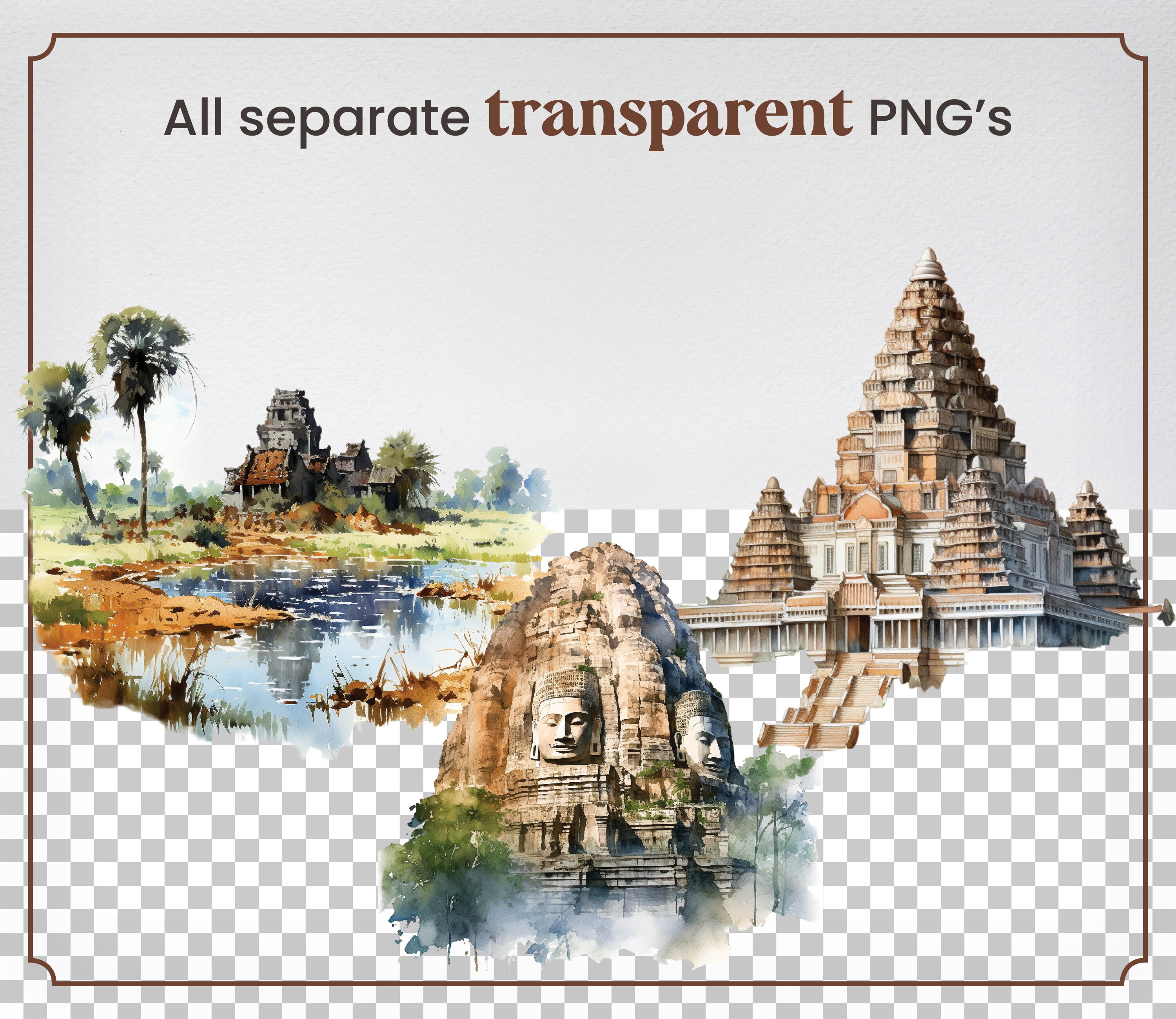 Watercolor Cambodia, 57 Cambodian Landmarks, Travel Vacation