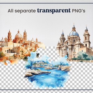 Watercolor Malta, 43 Maltese Landmarks, Travel Vacation Holiday Digital Print, Clipart PNG format Transparent Background Commercial Use image 2