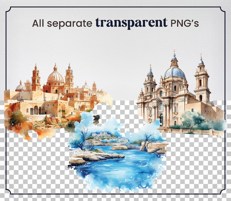 Watercolor Malta, 43 Maltese Landmarks, Travel Vacation Holiday Digital Print, Clipart PNG format Transparent Background Commercial Use image 2