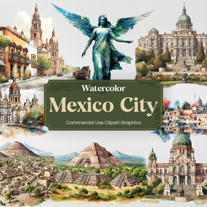 Aquarel Mexico-stad, 27 Chilango monumenten, reizen vakantie vakantie digitale print, clipart PNG transparante achtergrond commercieel gebruik