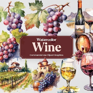 Watercolor Wine, 50 Winery Clipart, Alcoholic Beverages Red White Grape Wine Digital Print, PNG format Transparent Background Commercial Use