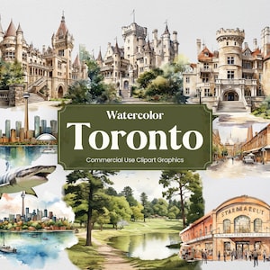 Aquarelle de Toronto, 27 monuments de Toronto, impression numérique de voyage vacances vacances, clipart PNG sur fond transparent usage commercial