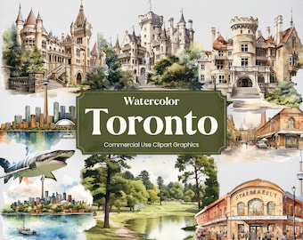 Aquarelle de Toronto, 27 monuments de Toronto, impression numérique de voyage vacances vacances, clipart PNG sur fond transparent usage commercial
